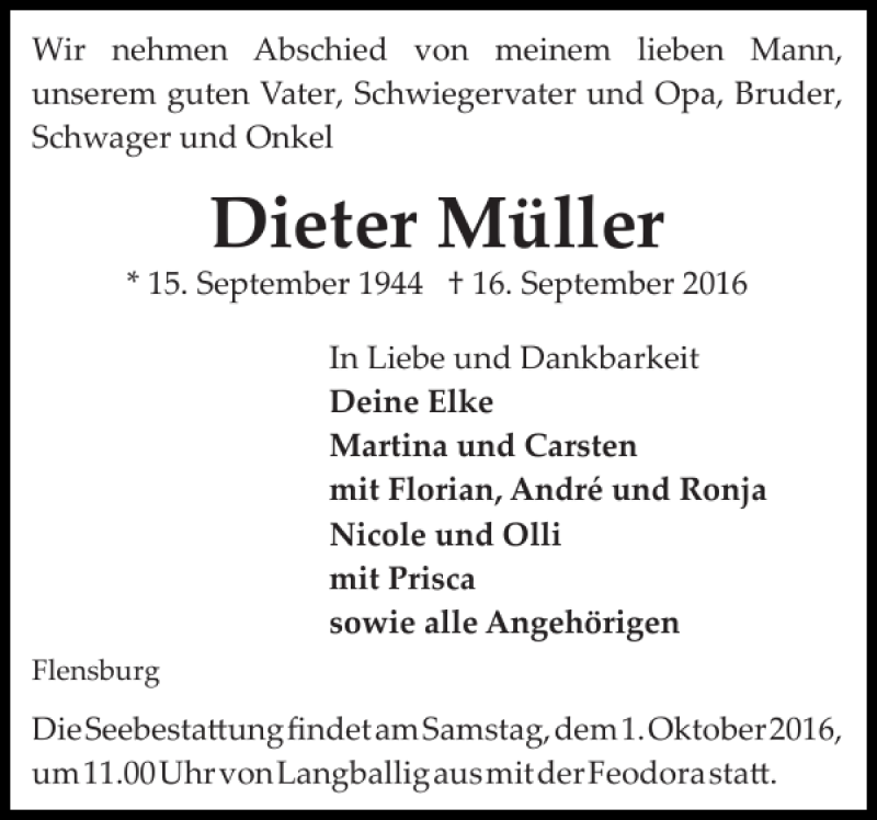  Traueranzeige für Dieter Müller vom 24.09.2016 aus Flensburger Tageblatt