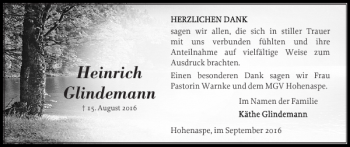 Traueranzeige von Heinrich Glindemann von Norddeutsche Rundschau