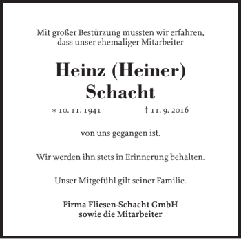 Traueranzeige von Heinz Heiner Schacht von Holsteinischer Courier