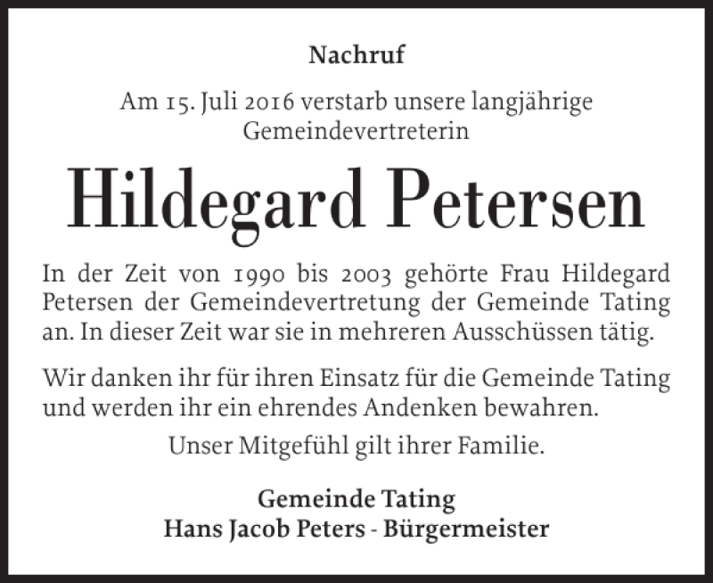  Traueranzeige für Hildegard Petersen vom 01.09.2016 aus Husumer Nachrichten