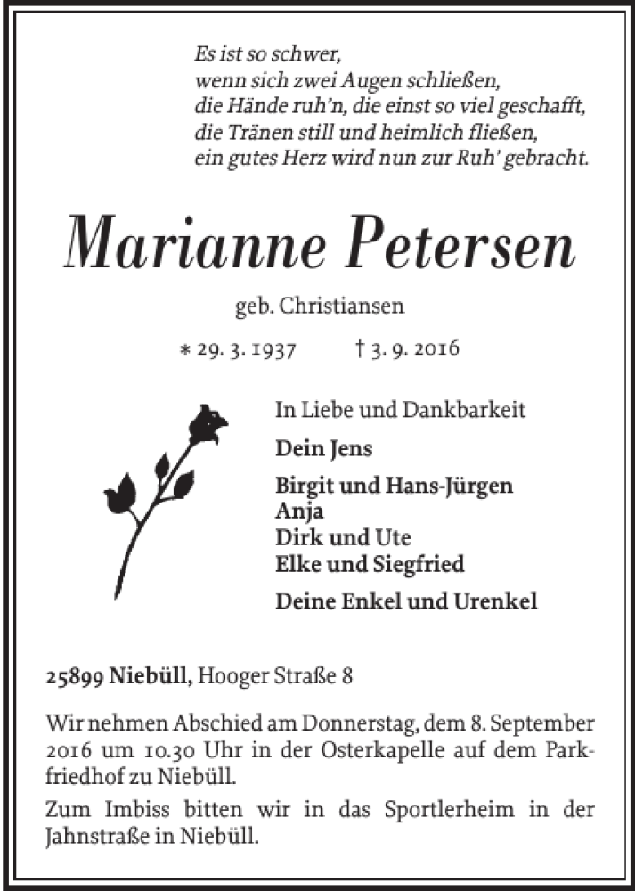 Traueranzeige für Marianne Petersen vom 07.09.2016 aus Nordfriesland Tageblatt