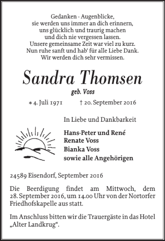  Traueranzeige für Sandra Thomsen vom 24.09.2016 aus Landeszeitung