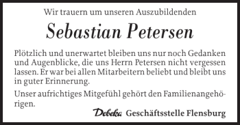 Traueranzeige von Sebastian Petersen von Flensburger Tageblatt