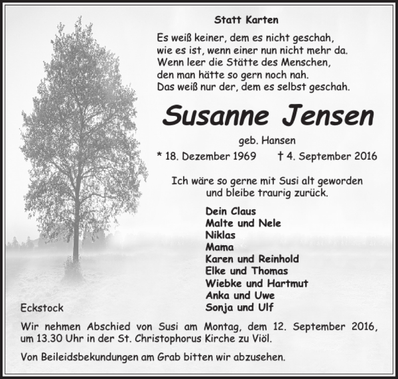  Traueranzeige für Susanne Jensen vom 07.09.2016 aus Husumer Nachrichten