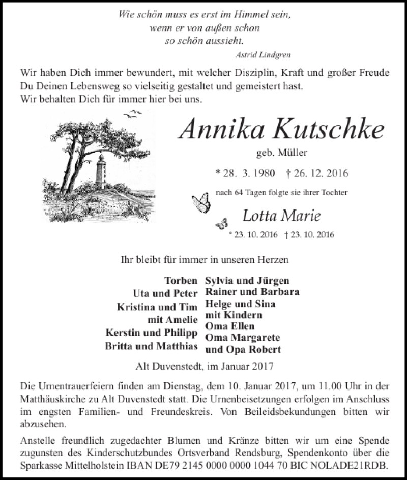  Traueranzeige für Annika Kutschke vom 04.01.2017 aus Landeszeitung