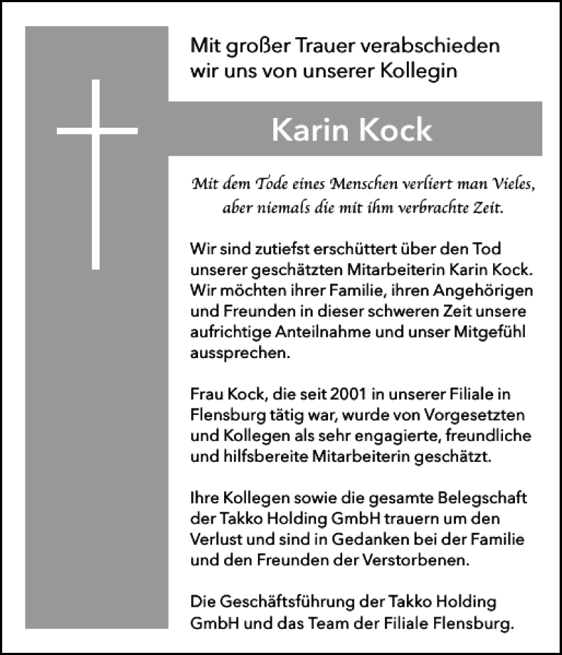  Traueranzeige für Karin Kock vom 21.01.2017 aus Flensburger Tageblatt
