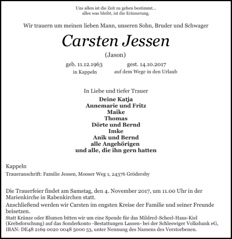  Traueranzeige für Carsten Jessen vom 30.10.2017 aus Schlei-Bote