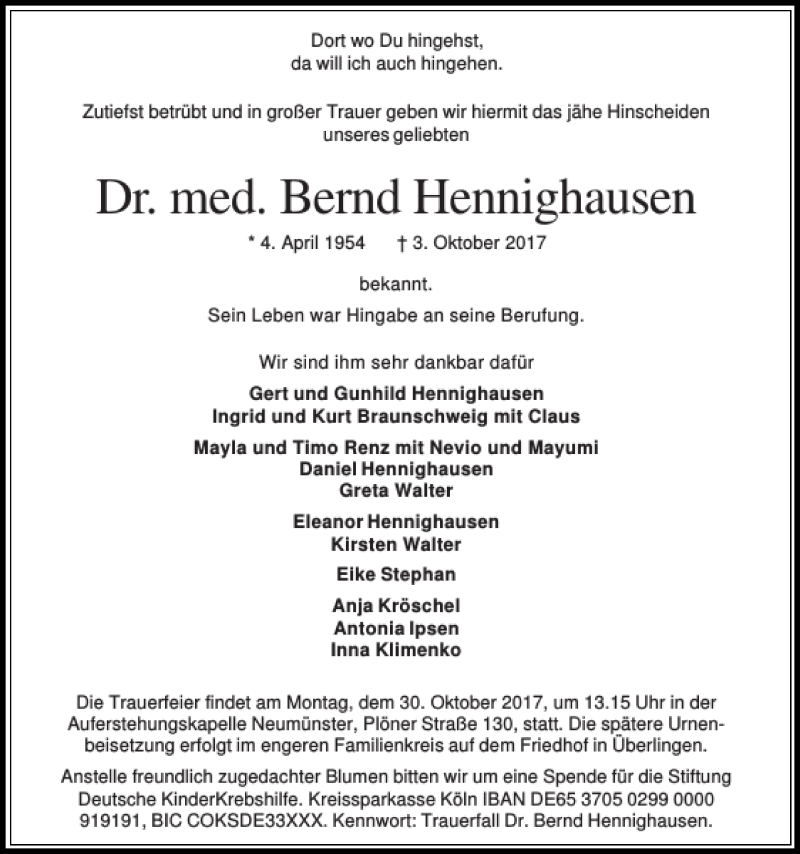  Traueranzeige für Dr. med. Bernd Hennighausen vom 21.10.2017 aus Holsteinischer Courier