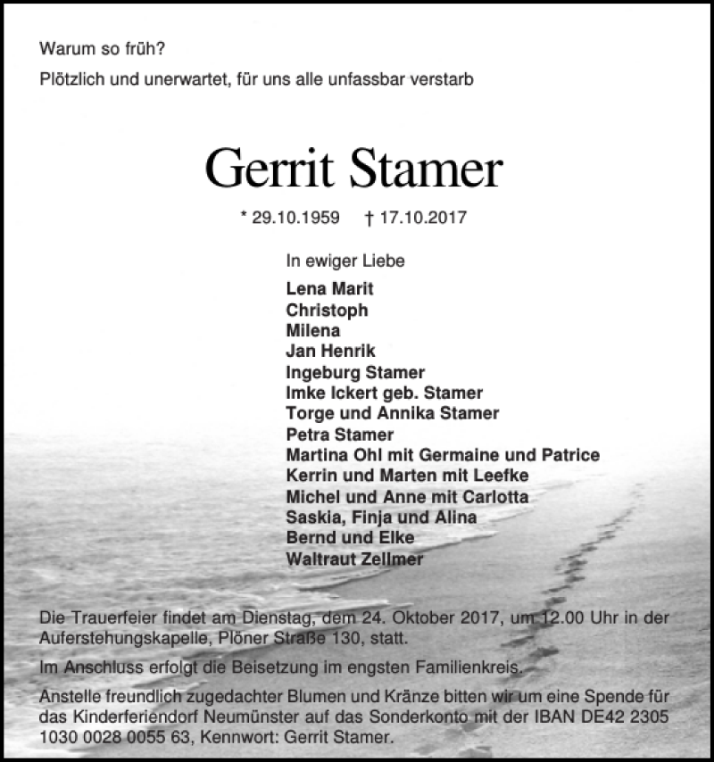  Traueranzeige für Gerrit Stamer vom 21.10.2017 aus Holsteinischer Courier