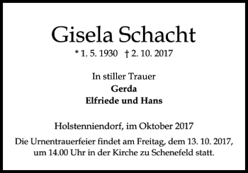 Traueranzeige von Gisela Schacht von Norddeutsche Rundschau