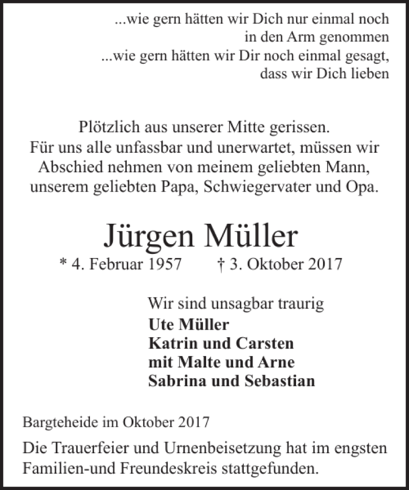  Traueranzeige für Jürgen Müller vom 14.10.2017 aus Stormarner Tageblatt