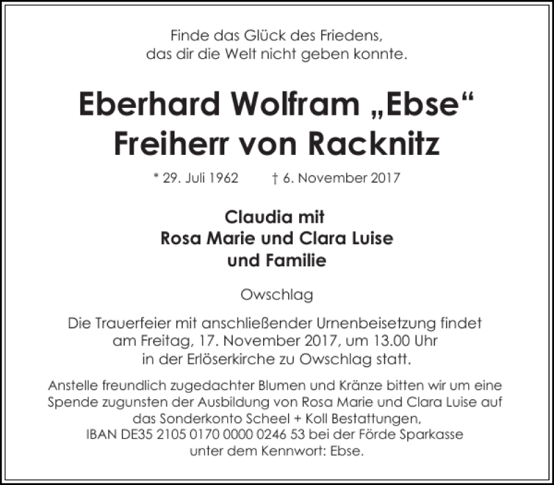  Traueranzeige für Eberhard Wolfram Ebse Freiherr von Racknitz  vom 11.11.2017 aus Landeszeitung