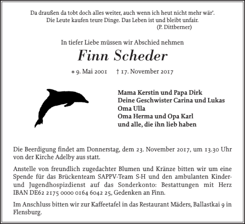  Traueranzeige für Finn Scheder vom 20.11.2017 aus Flensburger Tageblatt