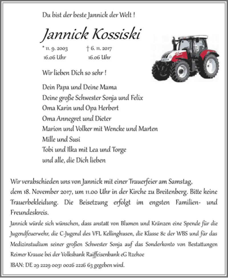  Traueranzeige für Jannick Kossiski vom 11.11.2017 aus Norddeutsche Rundschau