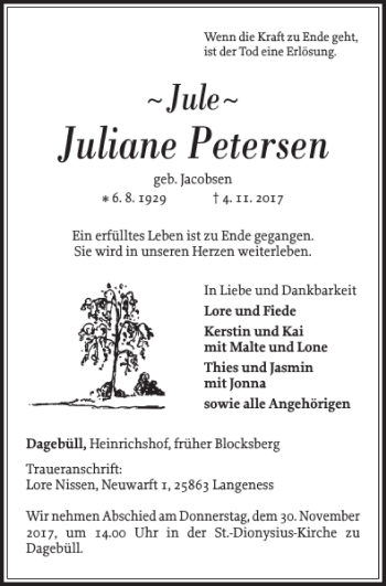 Traueranzeige von Juliane Petersen von Husumer Nachrichten