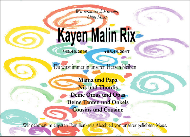  Traueranzeige für Kayen Malin Rix vom 11.11.2017 aus Landeszeitung