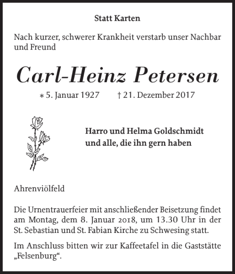  Traueranzeige für Carl-Heinz Petersen vom 30.12.2017 aus Husumer Nachrichten