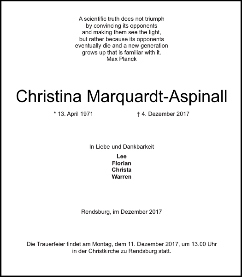  Traueranzeige für Christina Marquardt-Aspinall vom 08.12.2017 aus Landeszeitung