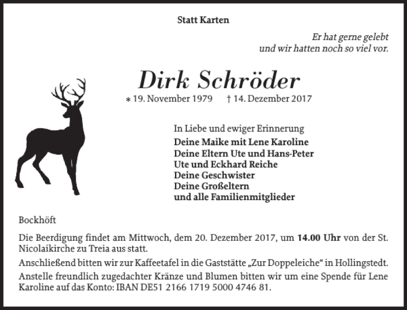  Traueranzeige für Dirk Schröder vom 16.12.2017 aus Schleswiger Nachrichten