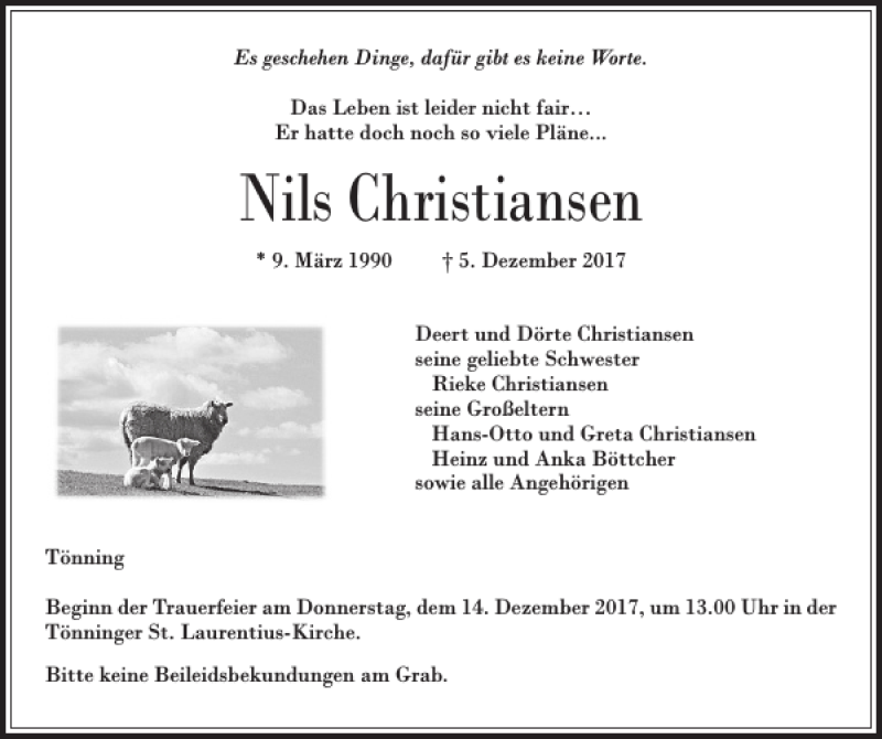  Traueranzeige für Nils Christiansen vom 12.12.2017 aus Husumer Nachrichten