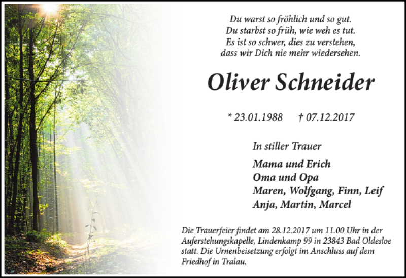  Traueranzeige für Oliver Schneider vom 23.12.2017 aus Stormarner Tageblatt