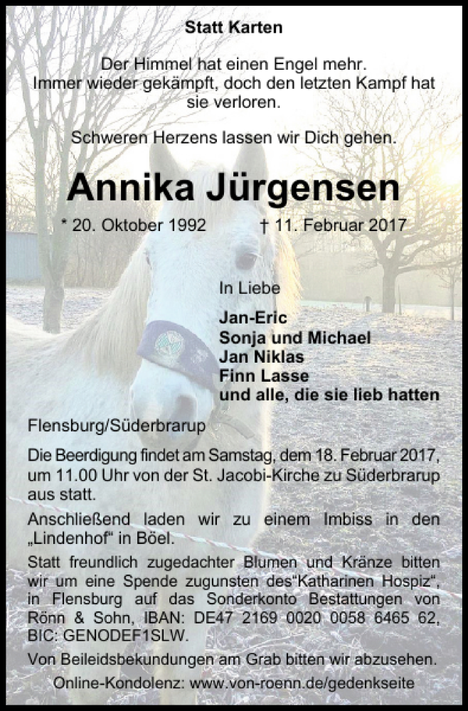  Traueranzeige für Annika Jürgensen vom 14.02.2017 aus Flensburger Tageblatt