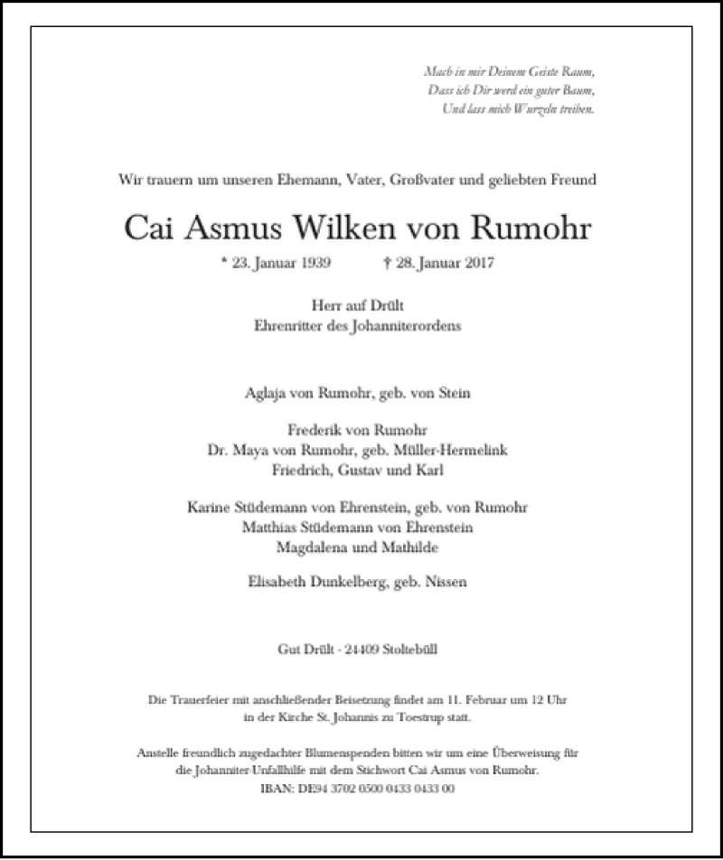  Traueranzeige für Cai Asmus Wilken Von Rumohr vom 04.02.2017 aus Schlei-Bote