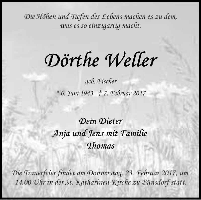  Traueranzeige für Dörte Weller vom 18.02.2017 aus Eckernförder Zeitung