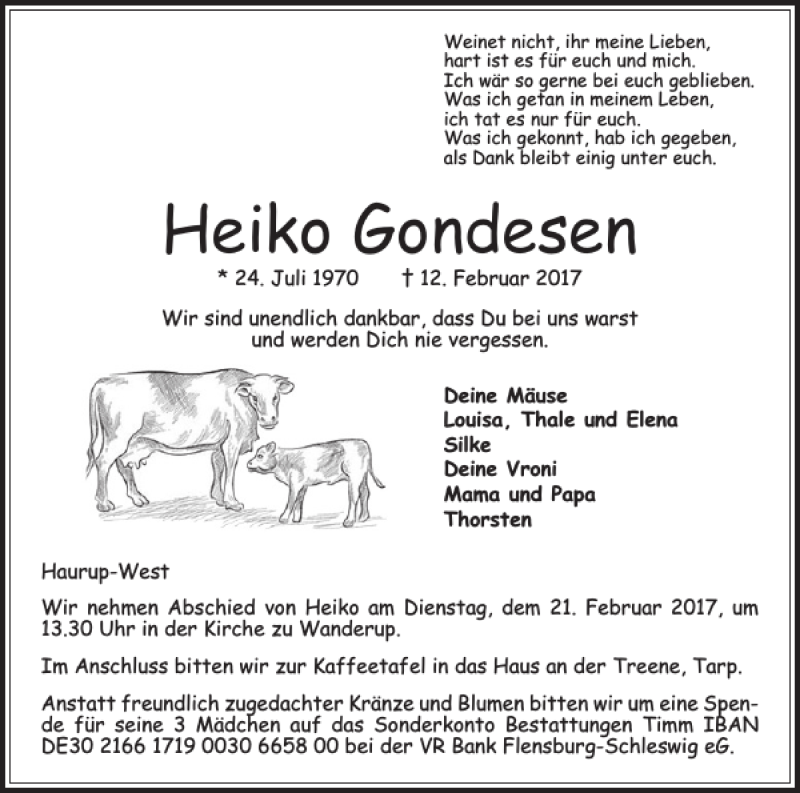  Traueranzeige für Heiko Gondesen vom 15.02.2017 aus Flensburger Tageblatt
