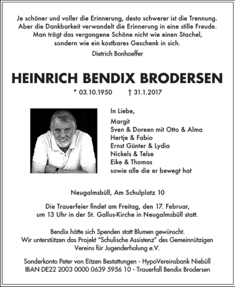  Traueranzeige für Heinrich Bendix Brodersen vom 04.02.2017 aus Nordfriesland Tageblatt