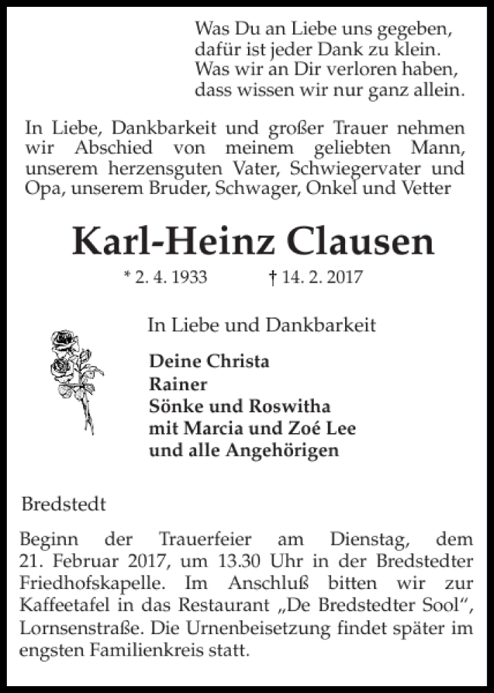  Traueranzeige für Karl-Heinz Clausen vom 16.02.2017 aus Husumer Nachrichten