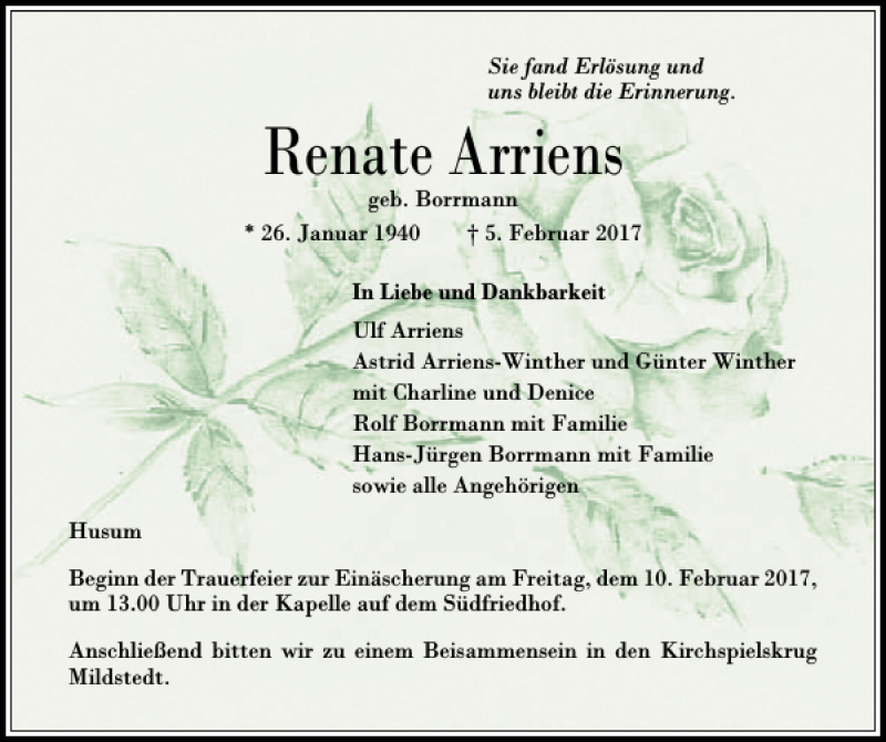  Traueranzeige für Renate Arriens vom 08.02.2017 aus Husumer Nachrichten