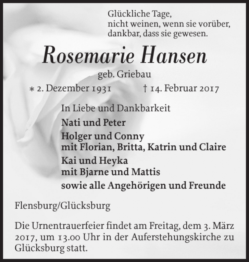  Traueranzeige für Rosemarie Hansen vom 25.02.2017 aus Flensburger Tageblatt