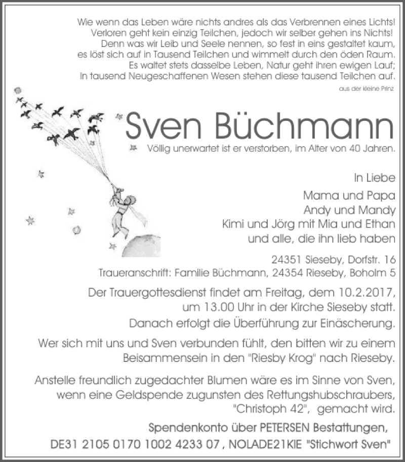  Traueranzeige für Sven Büchmann vom 06.02.2017 aus Eckernförder Zeitung