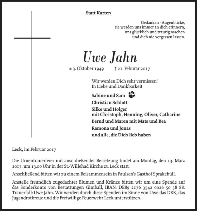  Traueranzeige für Uwe Jahn vom 24.02.2017 aus Flensburger Tageblatt