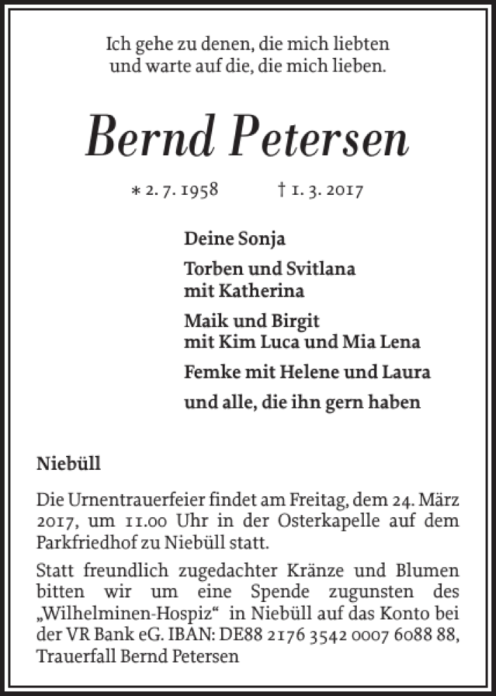  Traueranzeige für Bernd Petersen vom 08.03.2017 aus Husumer Nachrichten