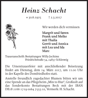 Traueranzeige von Heinz Schacht von Schleswiger Nachrichten
