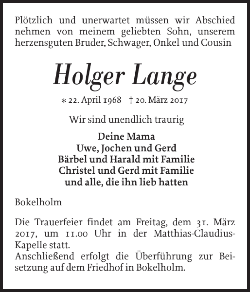  Traueranzeige für Holger Lange vom 30.03.2017 aus Landeszeitung