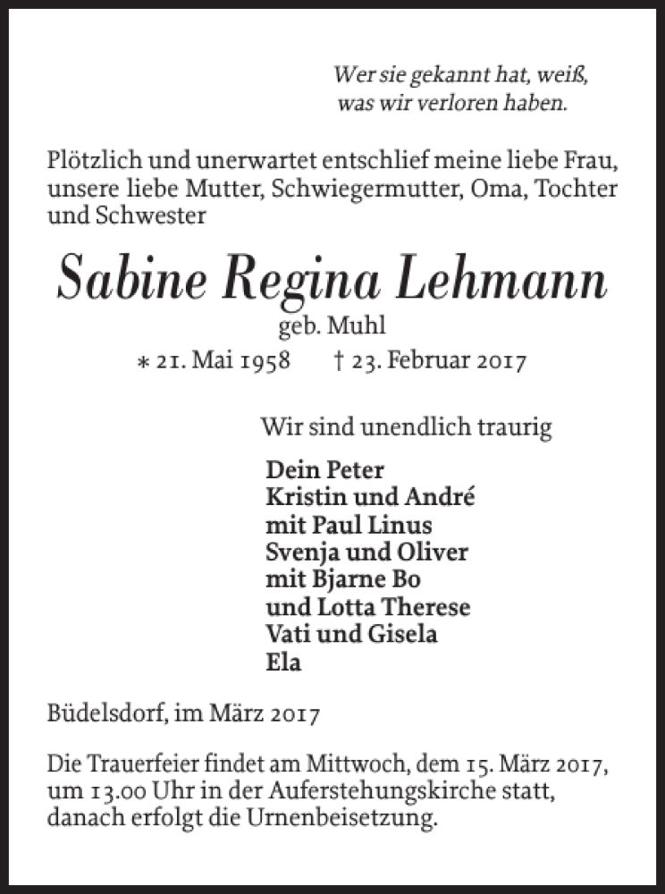  Traueranzeige für Sabine Regina Lehmann vom 08.03.2017 aus Landeszeitung