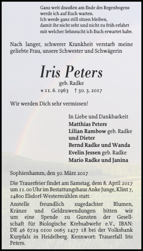 Traueranzeige für Iris Peters vom 04.04.2017 aus Landeszeitung