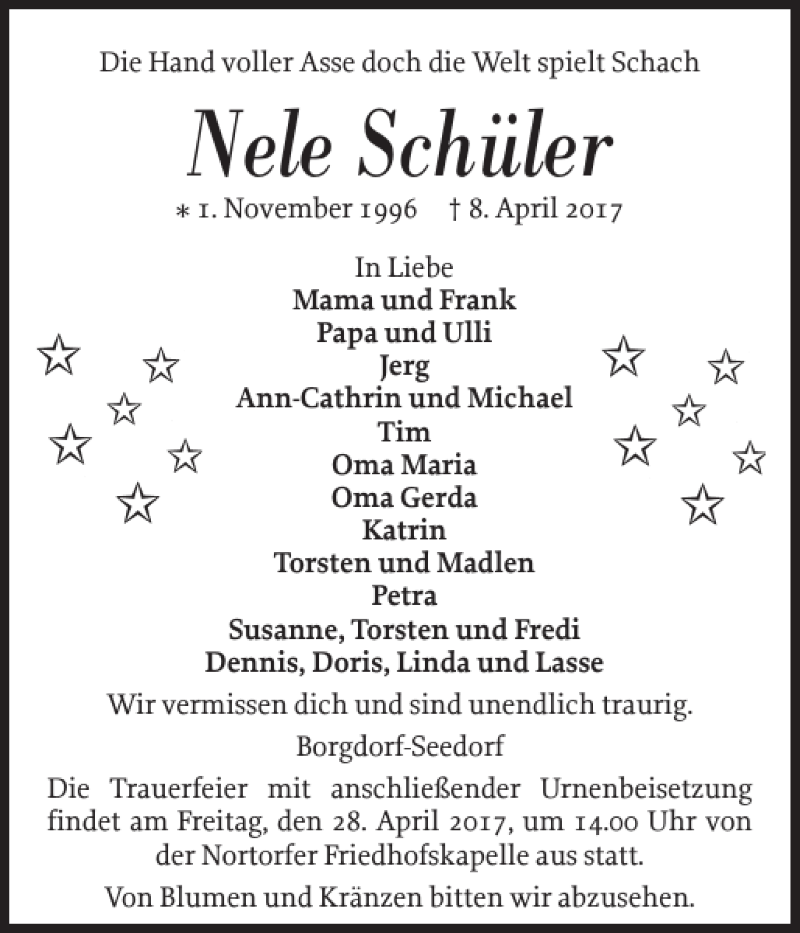  Traueranzeige für Nele Schüler vom 22.04.2017 aus Landeszeitung