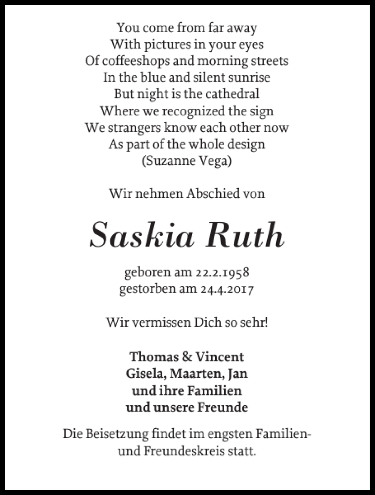  Traueranzeige für Saskia Ruth vom 27.04.2017 aus Der Insel-Bote