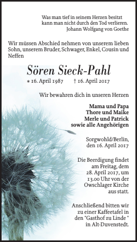  Traueranzeige für Sören Sieck-Pahl vom 24.04.2017 aus Landeszeitung
