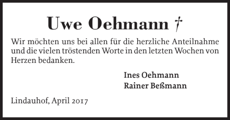  Traueranzeige für Uwe Oehmann vom 29.04.2017 aus Schlei-Bote