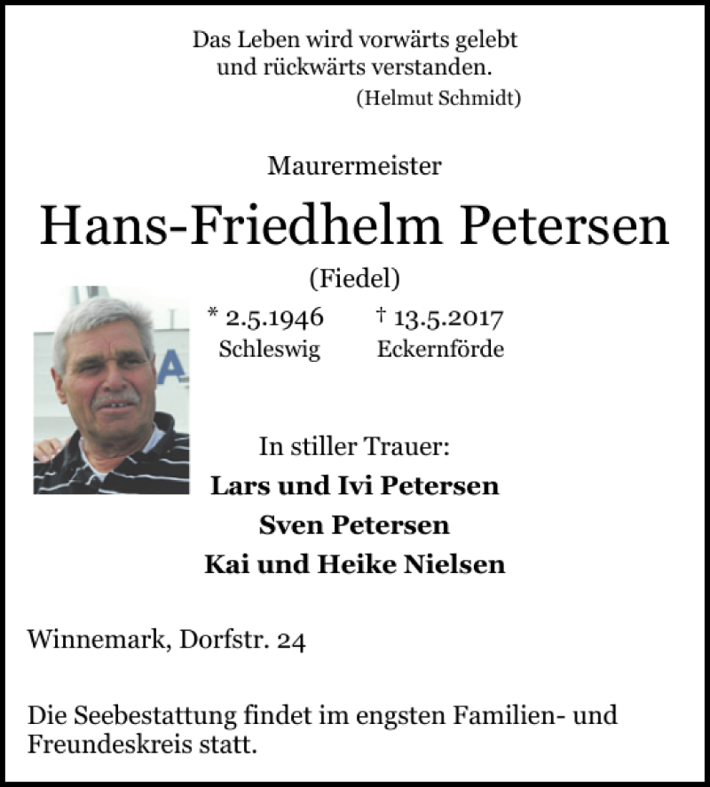  Traueranzeige für Hans-Friedhelm Petersen vom 20.05.2017 aus Schlei-Bote