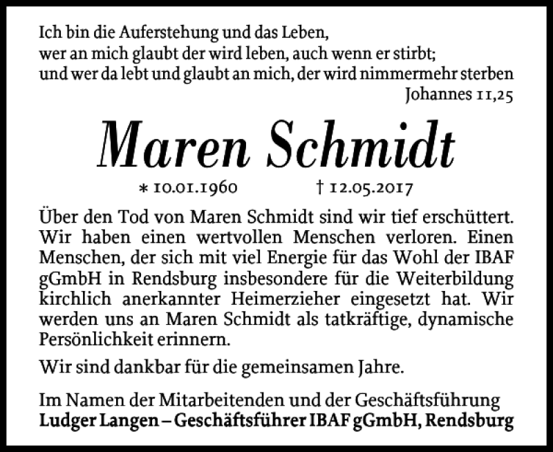  Traueranzeige für Maren Schmidt vom 24.05.2017 aus Landeszeitung