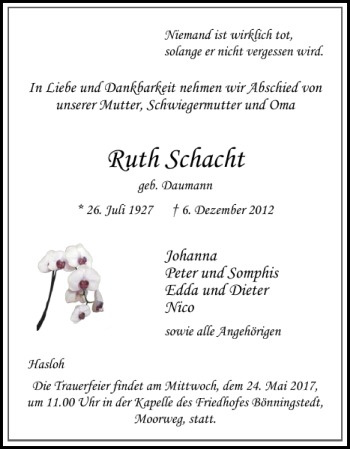 Traueranzeige von Ruth Schacht von Pinneberger Tageblatt