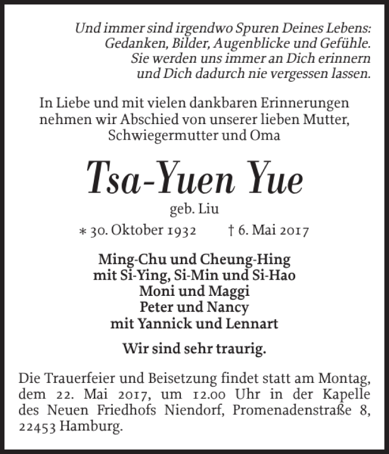  Traueranzeige für Tsa-Yuen Yue vom 17.05.2017 aus Sylter Rundschau