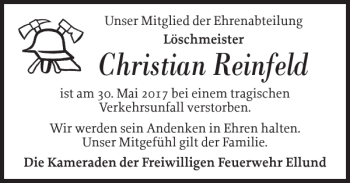 Traueranzeige von Christian Reinfeld von Flensburger Tageblatt
