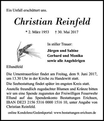 Traueranzeige von Christian Reinfeld von Flensburger Tageblatt